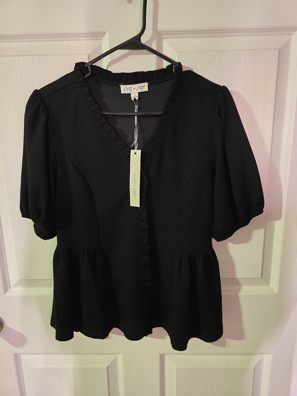 She + Sky Black Ruffled Peplum Top